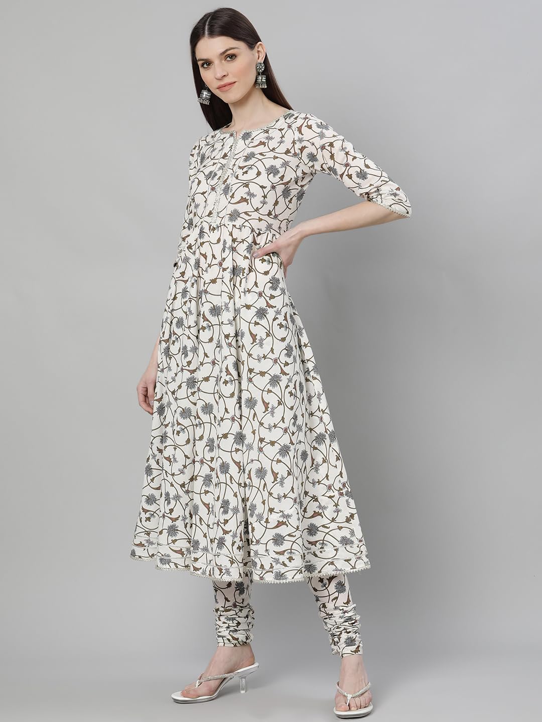 Libas White Printed Cotton Anarkali Kurta With Churidar & Dupatta
