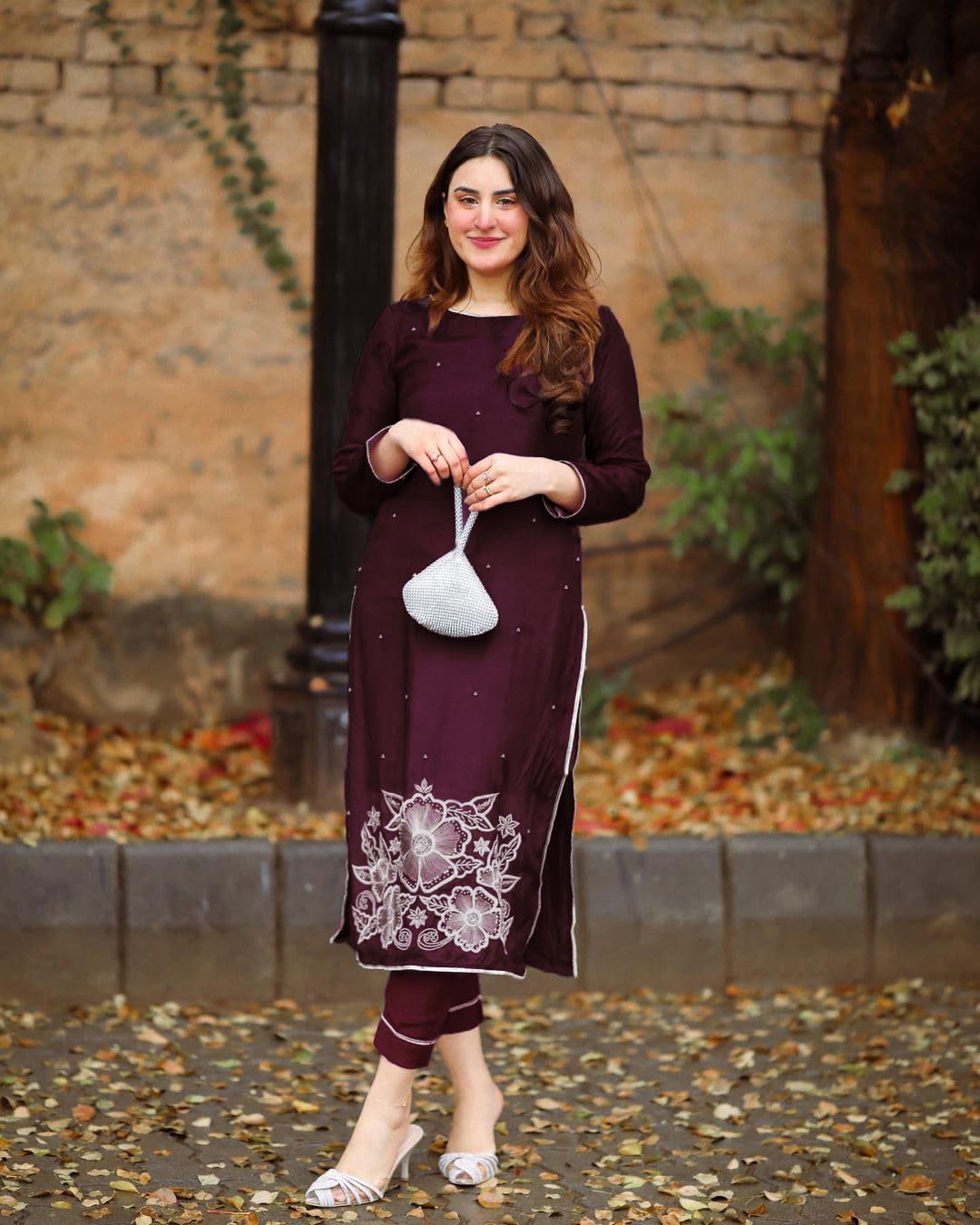 ANNI DESIGNER Womens Rayon Straight Embroidered Kurta with Pant Set (Pital-Wine_M_Wine_Medium)