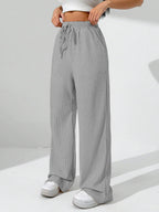 Sugathari Womens Light Grey Loose Wide-Leg Pants with Textured Wrinkled Fabric and Drawstring Waist Long Trousers (Trouser 157