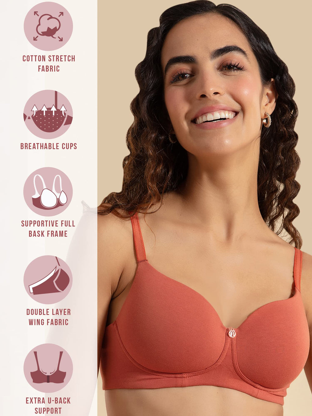 Nykd Wireless Everyday Cotton T-Shirt Bra For Women Daily Use - Wire-Free Shaping Bra, Padded, 3/4Th Coverage - Nyb094 (Orange,3