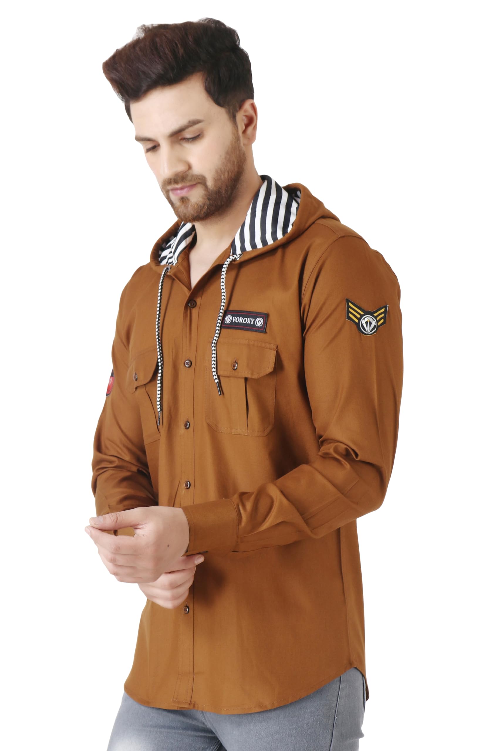 Besix MenS Red Tailored Fit Cotton Blend Shirt For Man With Hoodie - Casual Long Sleeve Shirt With Pockets - Patch Detail For S
