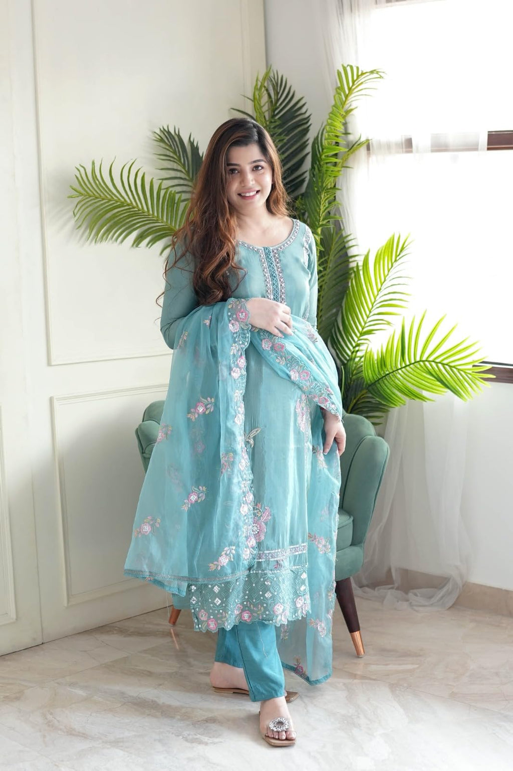 Wedani Silk Embroidered Kurta Set with Duptta for Women Sky Blue