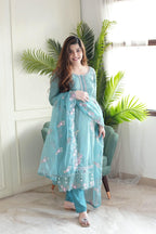Wedani Silk Embroidered Kurta Set with Duptta for Women Sky Blue