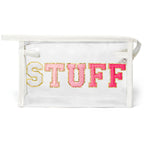 Y1tvei Clear STUFF Makeup Bag - Preppy Patch Rose Red Chenille Varsity Letter PVC Transparent Extra Large Cosmetic Pouch Portabl