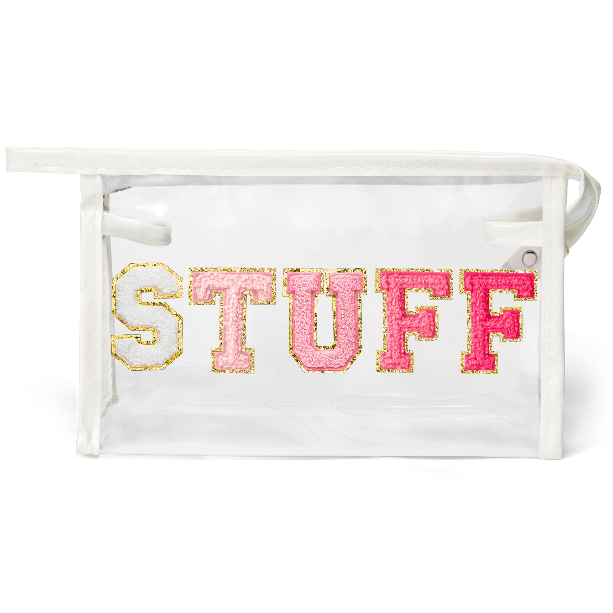 Y1tvei Clear STUFF Makeup Bag - Preppy Patch Rose Red Chenille Varsity Letter PVC Transparent Extra Large Cosmetic Pouch Portabl