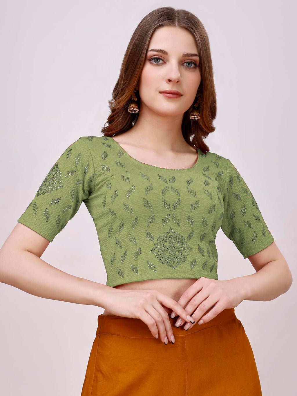 Pujia Mills WomenS Readymade Hosiery Lycra Stretchable Round Neck Half Sleeve Blouse With Swaroski Work Fancy Lycra Stretchable