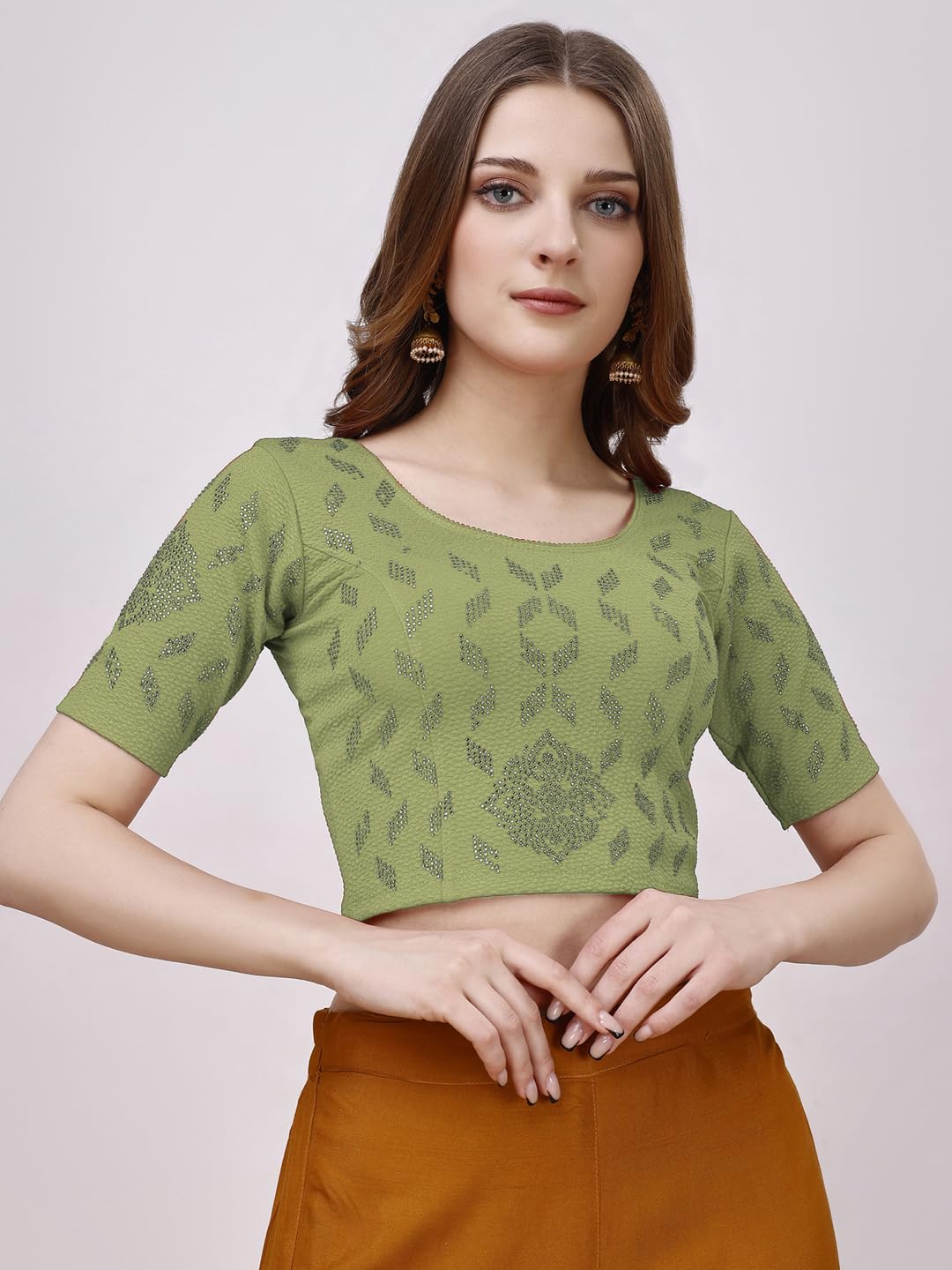 Pujia Mills WomenS Readymade Hosiery Lycra Stretchable Round Neck Half Sleeve Blouse With Swaroski Work Fancy Lycra Stretchable