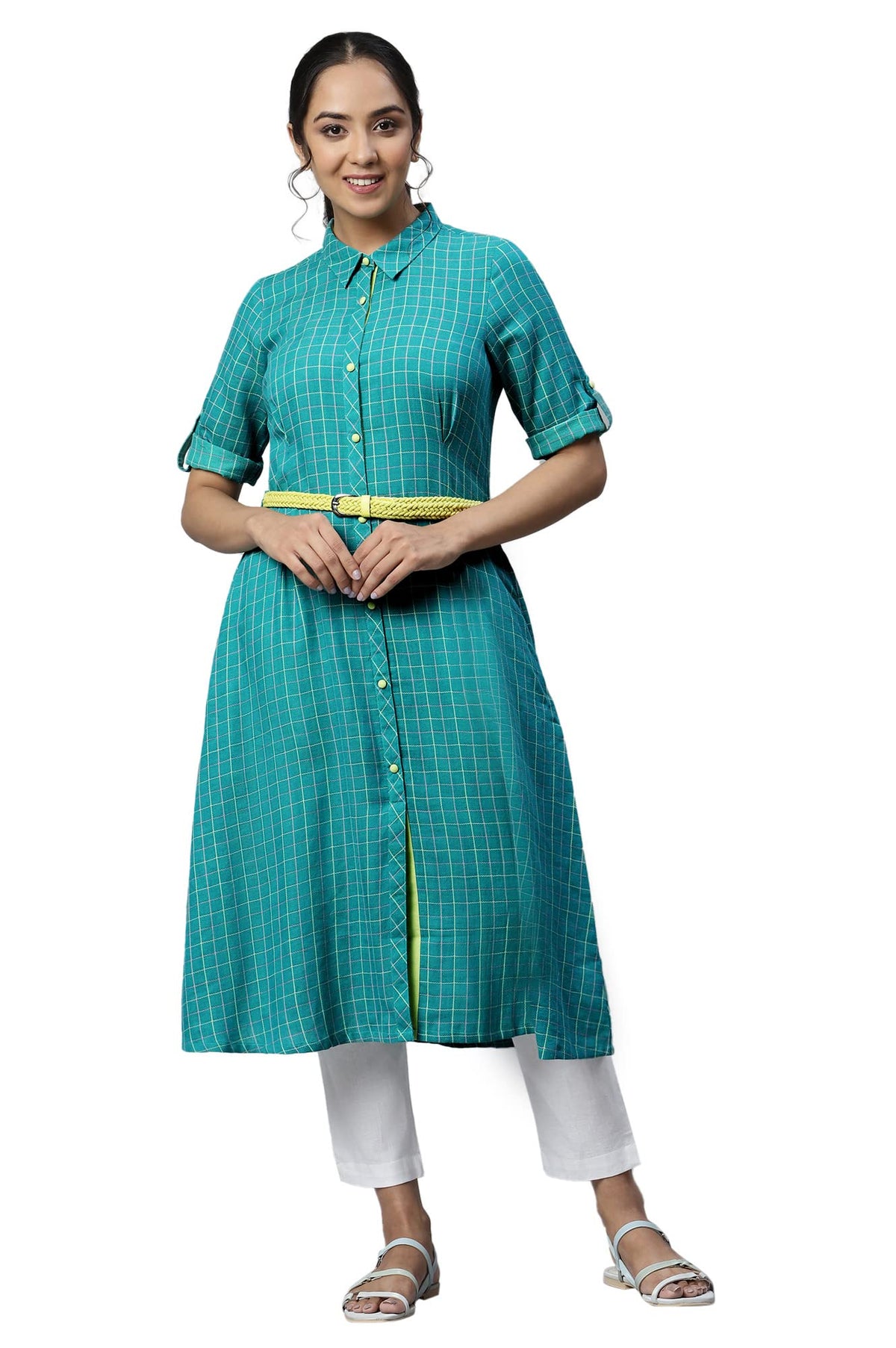 Aurelia Women Deep Lake Dobby Geometric Yarn Dyed Straight Kurta_22AUA13365-702533_L