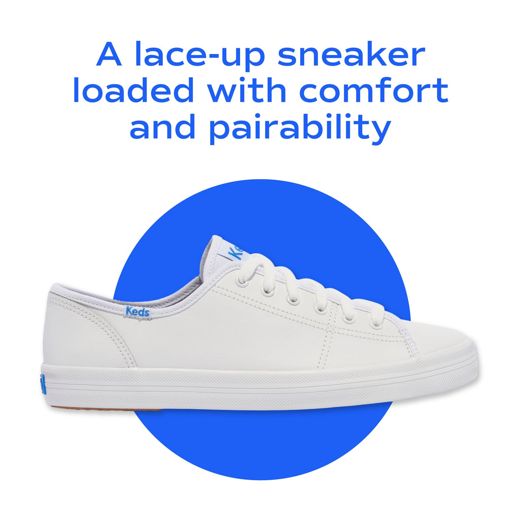 Keds Kickstart Lace Up, Sneaker Womens, White/Blue Leather, 8 Medium