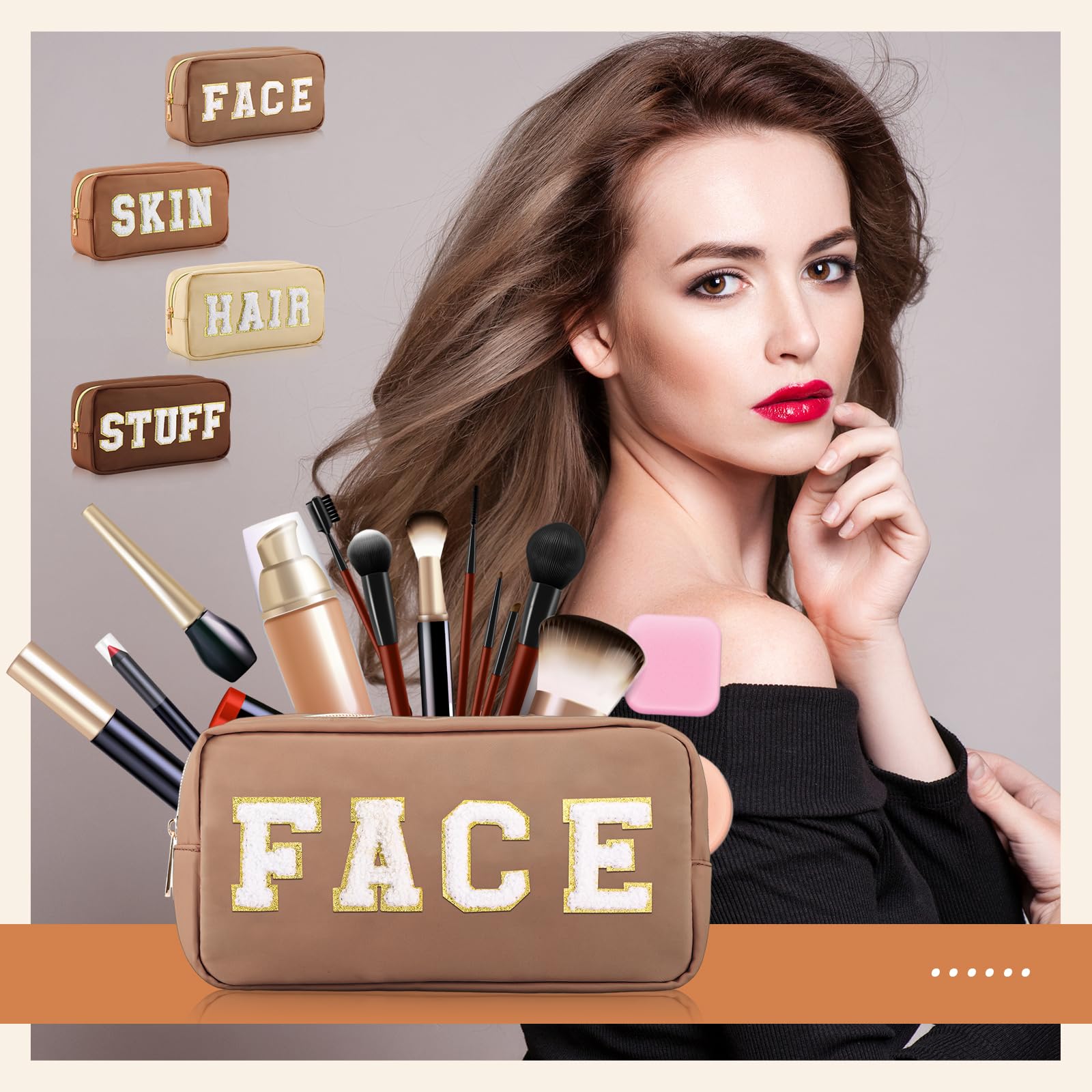 4 Pcs Preppy Makeup Bag Chenille Letter Nylon Cosmetic Bag Makeup Organizer Bag Toiletry Cosmetic Case Preppy Bag with Zipper St