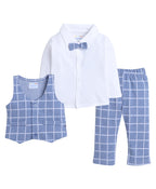BUMZEE Unisex Cotton Sky Blue & White Boys Full Sleeves Shirt Waistcoat & Pant Set with Applique Bow Age-12-18 Months (Peb8051D-