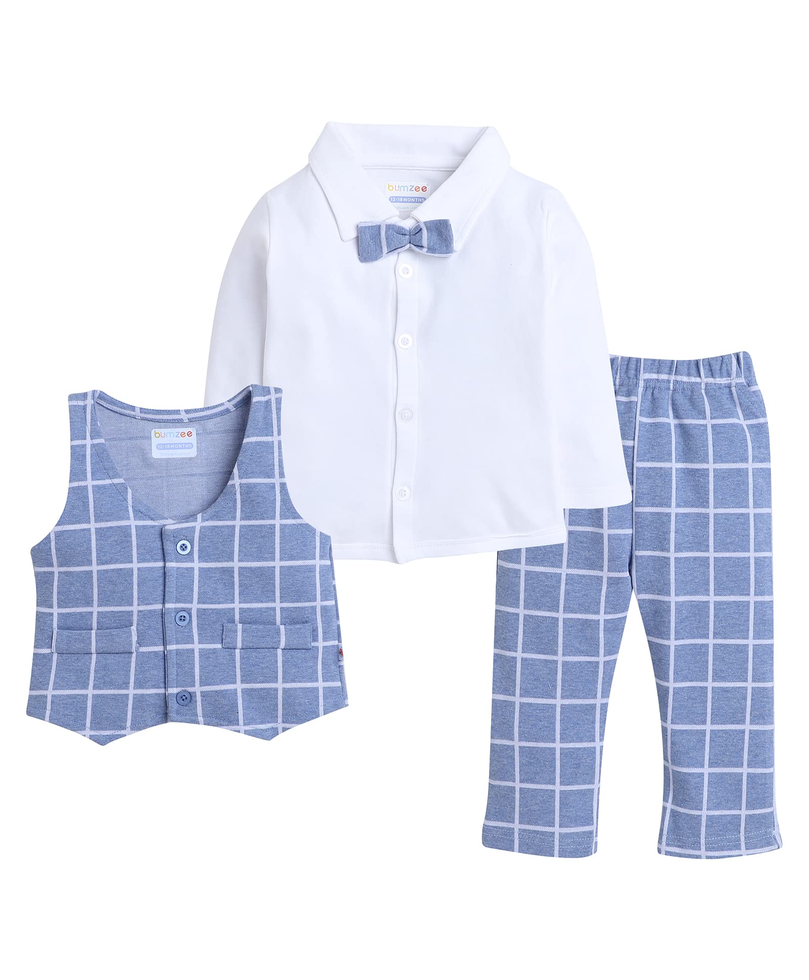 BUMZEE Unisex Cotton Sky Blue & White Boys Full Sleeves Shirt Waistcoat & Pant Set with Applique Bow Age-18-24 Months (Peb8051E-
