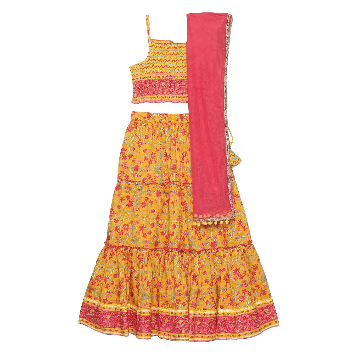 Biba Girls Yellow Printed Cotton Lehenga Set