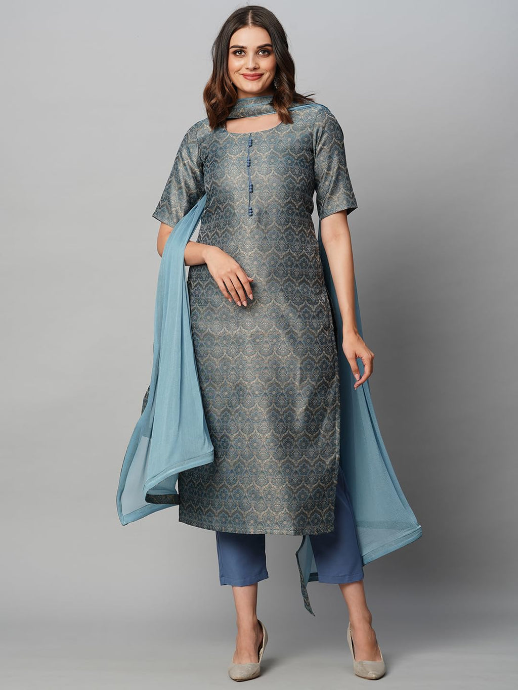 ANNI DESIGNER Ladies Cotton Blend Kurta with Trousers and Dupatta, Light Brown::Blue, L