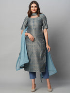 ANNI DESIGNER Ladies Cotton Blend Kurta with Trousers and Dupatta, Light Brown::Blue, L