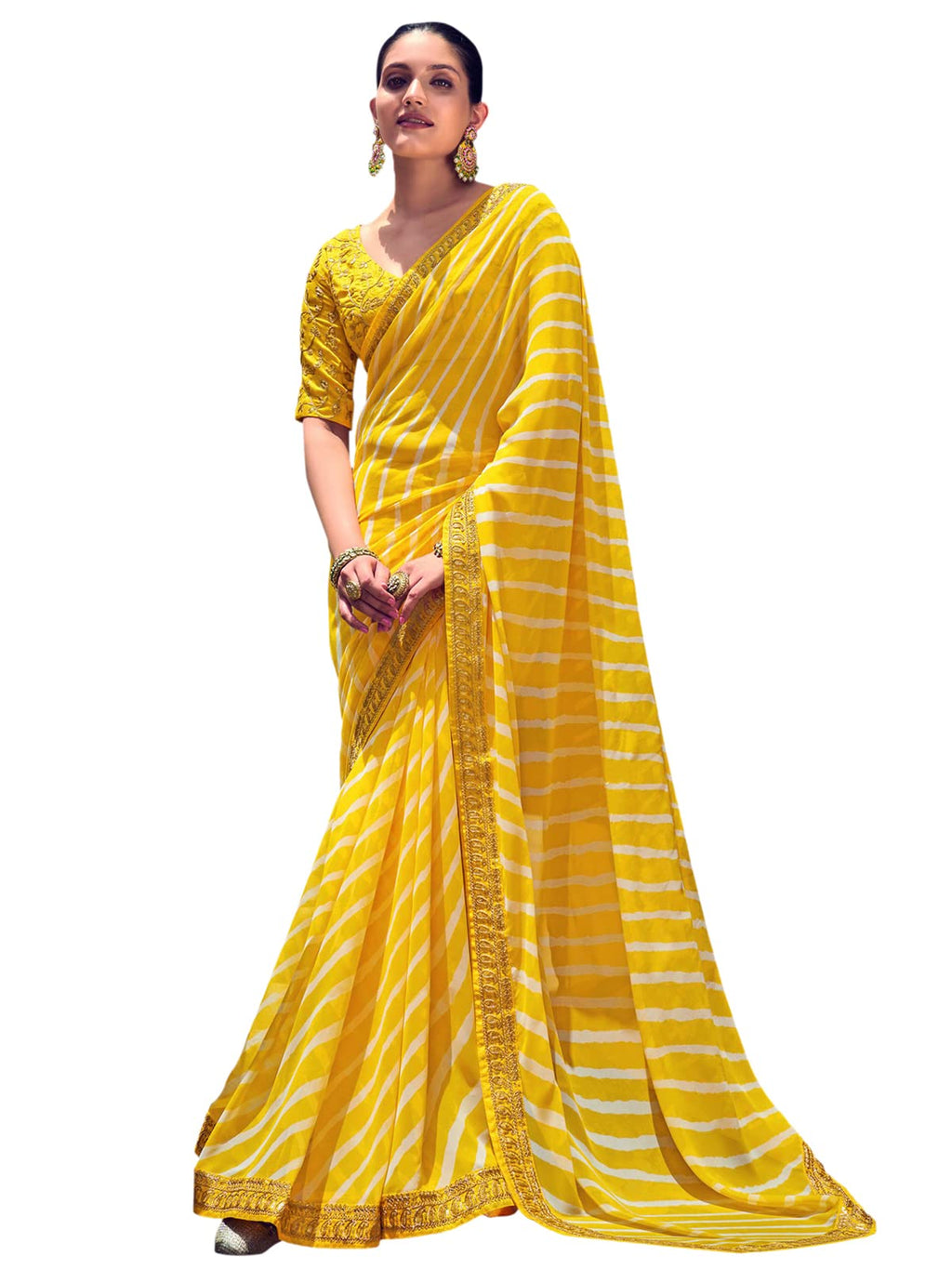 Satrani WomenS Leheriya Printed & Lace Georgette Saree With Unstitched Blouse Piece(2555S289N_Yellow)