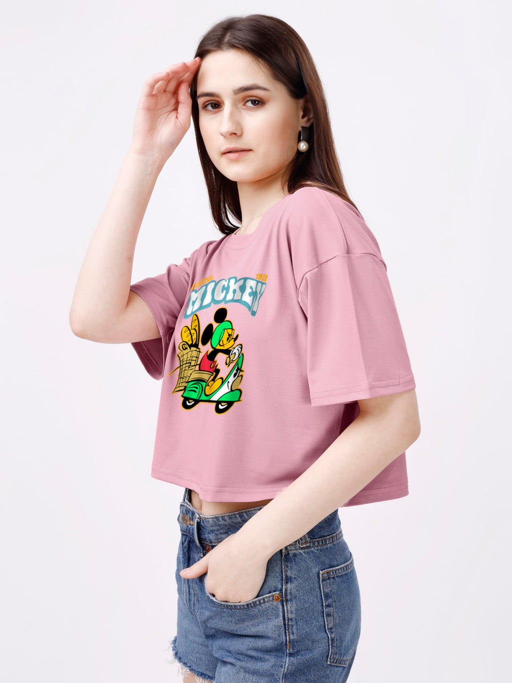 ELLITI Soft Rich Cotton Rose Gold Half Sleeve | Round Neck | Oversized/Loose Fit | Down Solder | Micky Crop Top for Women (Size: