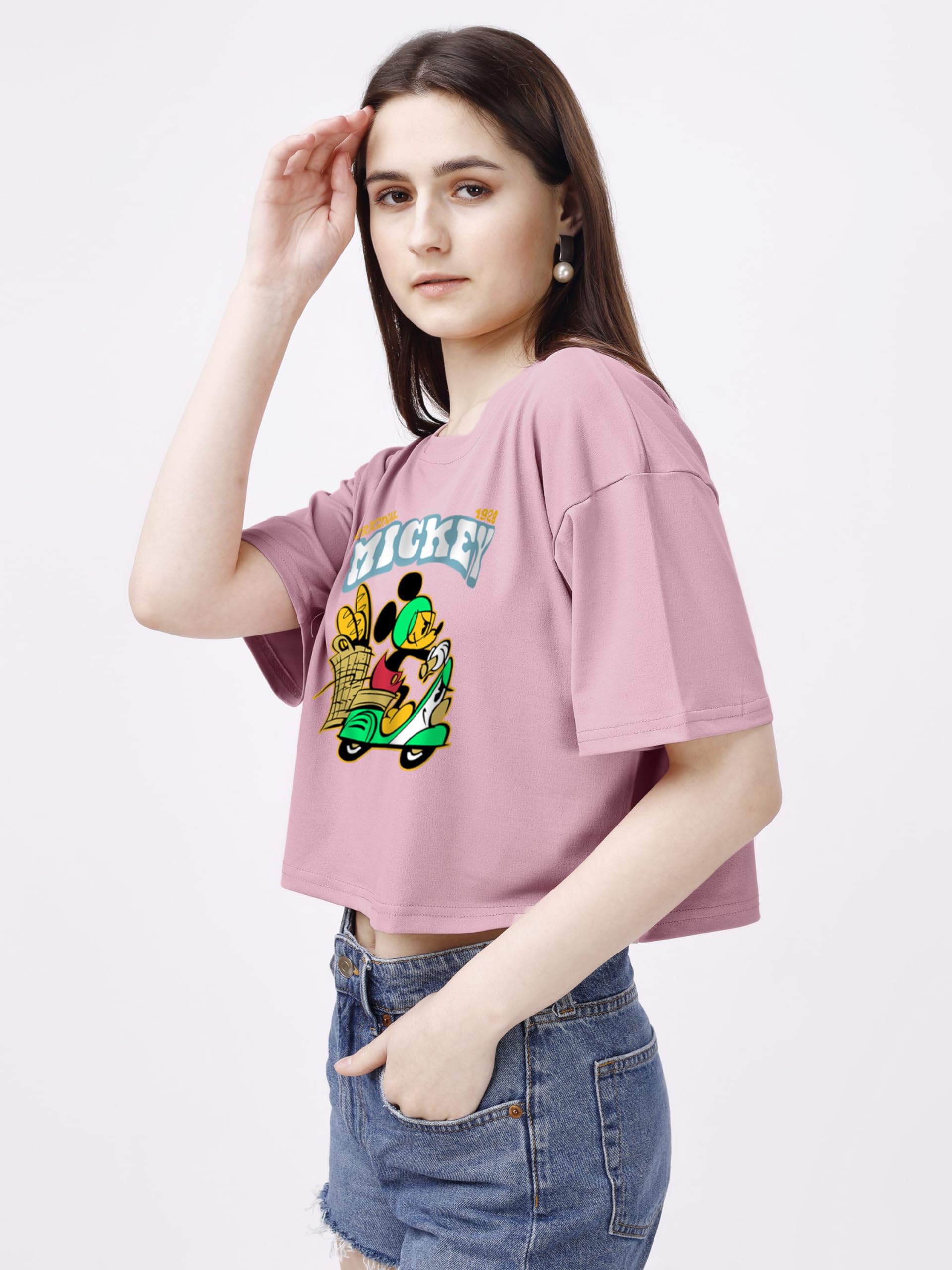 ELLITI Soft Rich Cotton Rose Gold Half Sleeve | Round Neck | Oversized/Loose Fit | Down Solder | Micky Crop Top for Women (Size: