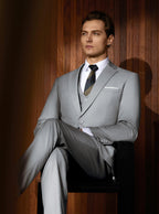 WULFUL Mens Slim Fit Suit One Button 3-Piece Blazer Dress Business Wedding Party Jacket Vest & Pant Light Grey