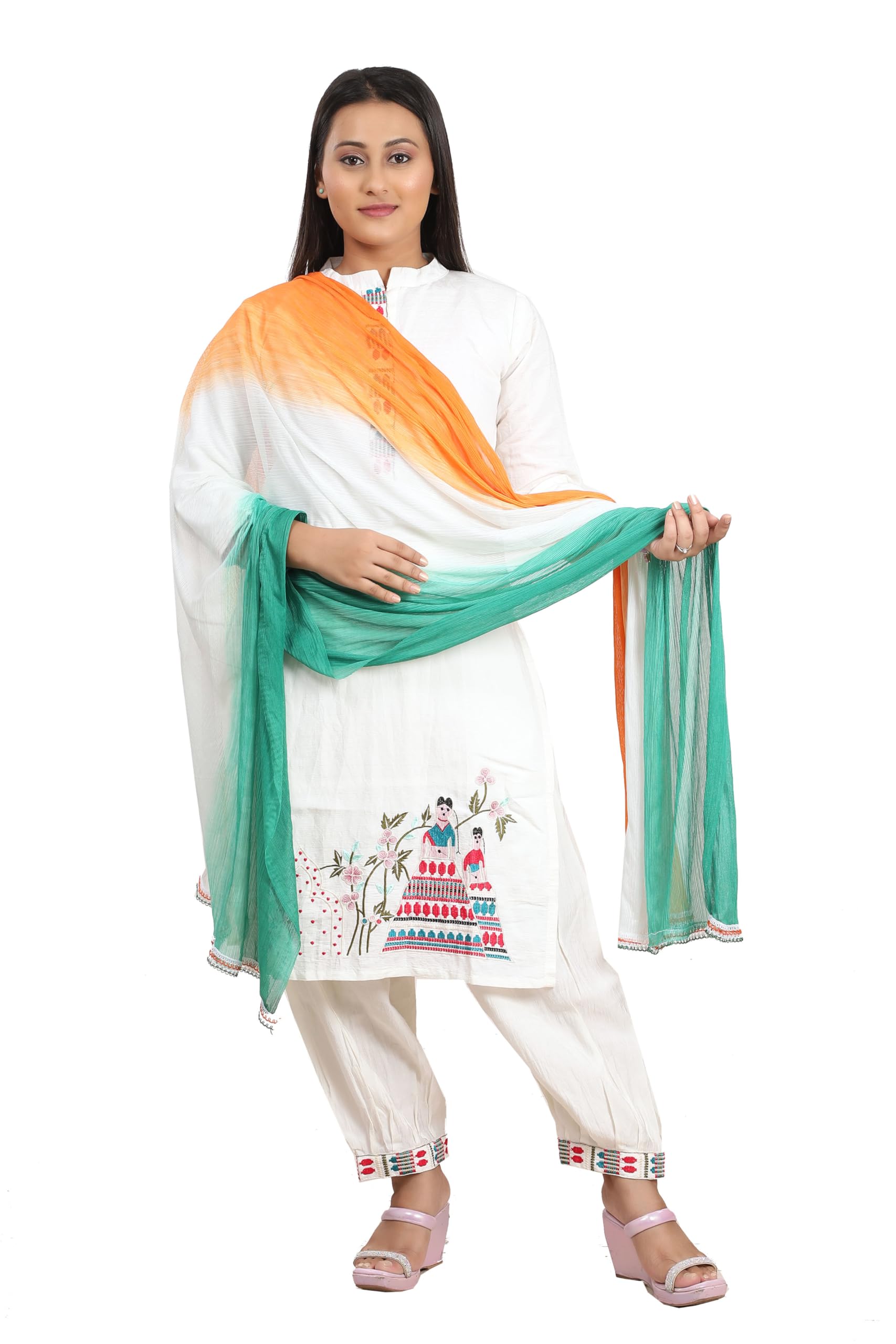 Fabme Women'S Tricolor/Tiranga Dupatta With Golden Work For Republic Day/Independence Day