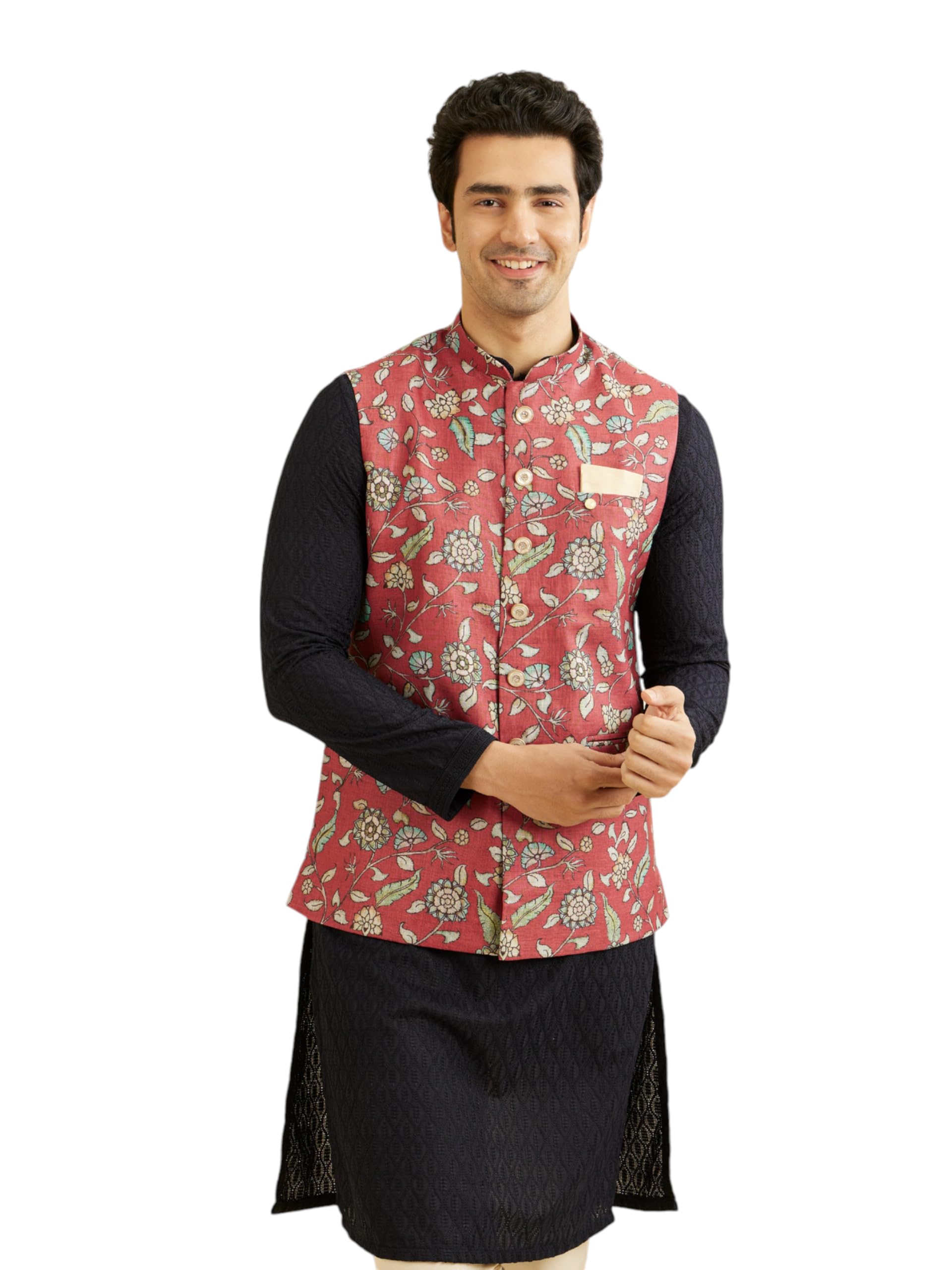 Manyavar Mens Viscose Blend Printed Jacket (Rust,S)