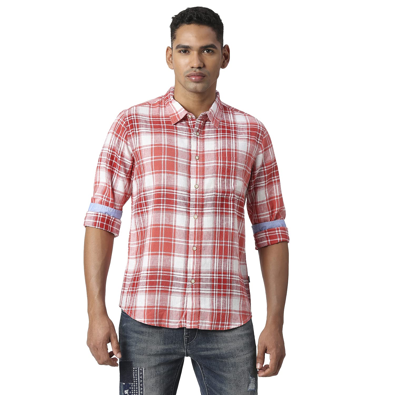 Pepe Jeans MenS Checkered Regular Fit Shirt (Pm308050255L_Red