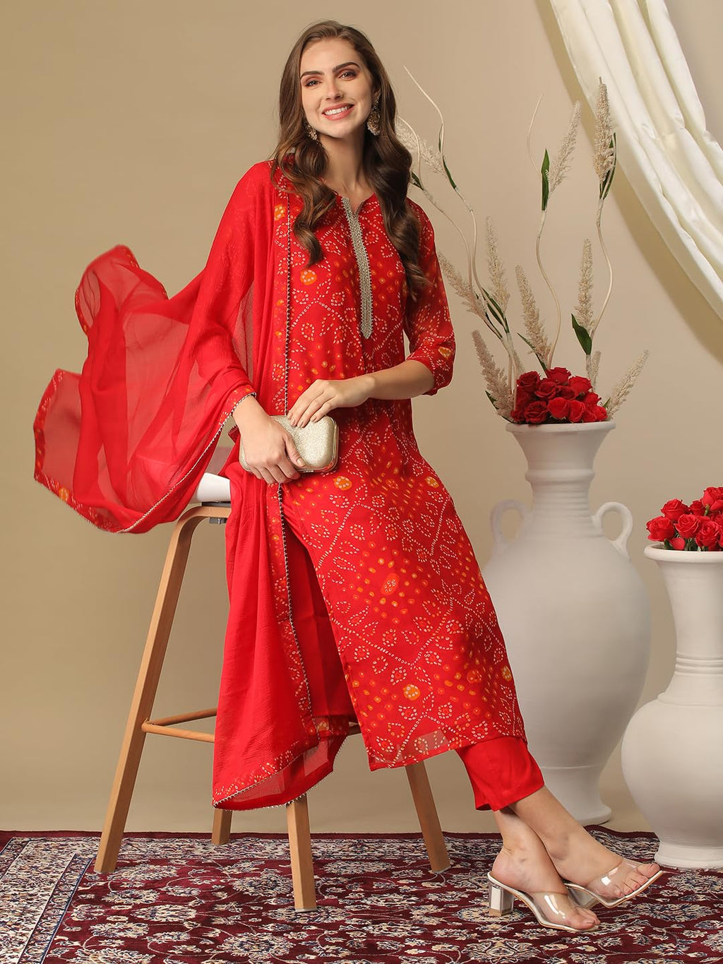 ANNI DESIGNER Ladies Cotton Blend Kurta with Trousers and Dupatta, red, XXL