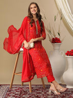 ANNI DESIGNER Ladies Cotton Blend Kurta with Trousers and Dupatta, red, XXL