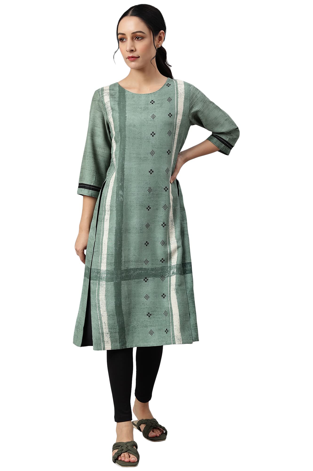 W Green Geometric Printed Kurta With Thread Embroidery For Women
