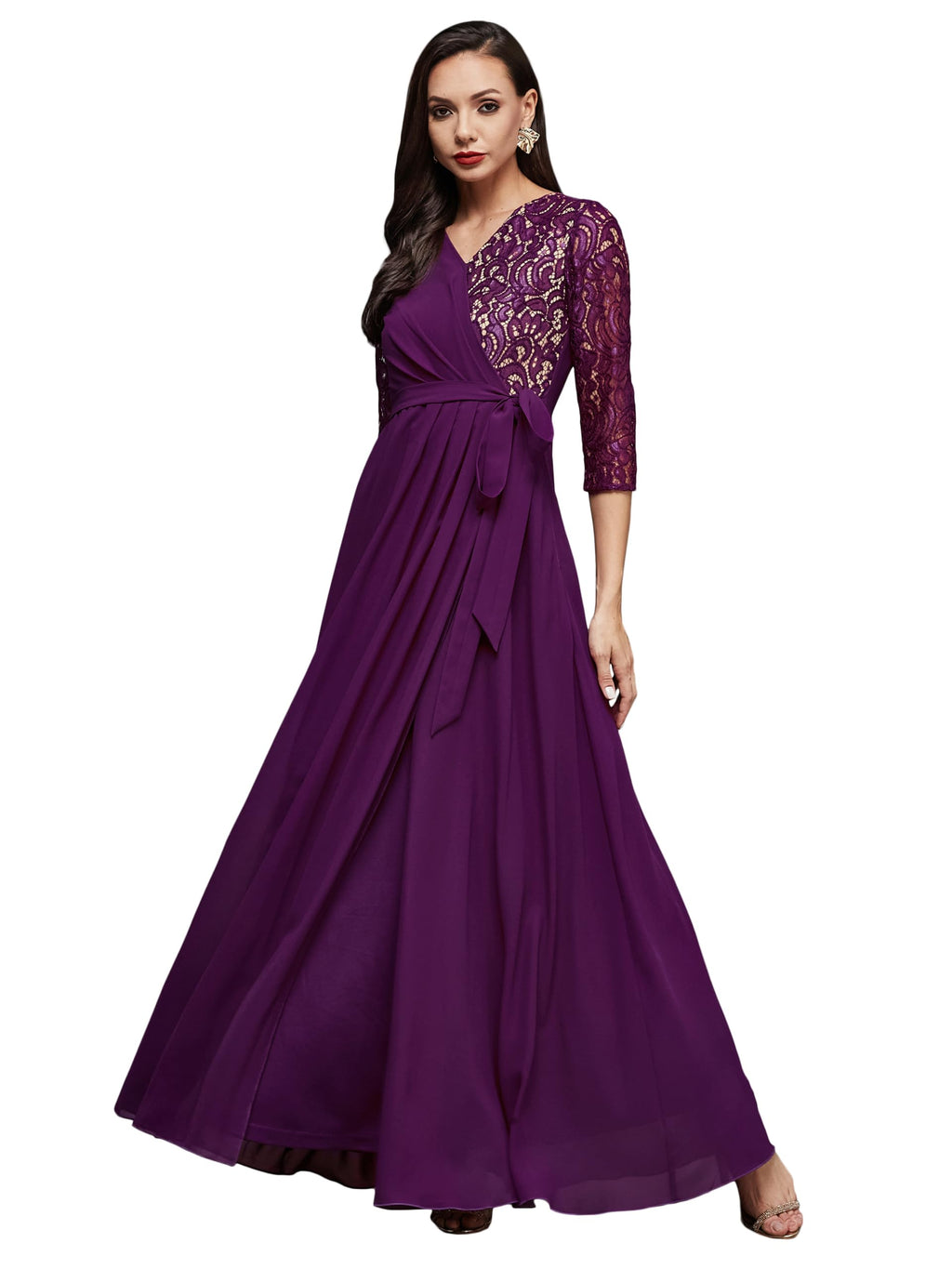 Miss Chase WomenS V-Neck Three-Quarter Sleeve Self-Designed Wrap Maxi Georgette Dress (Mcss23D98-60-289-06, Dark Purple, Xl)