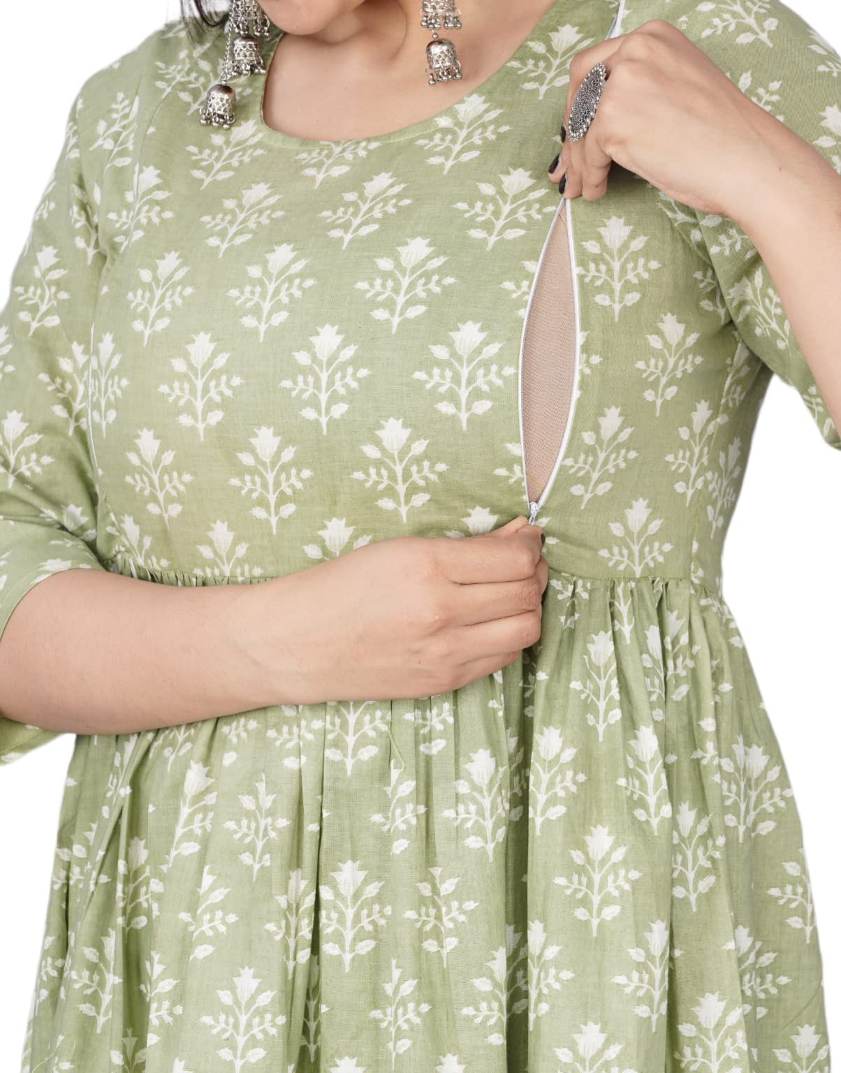 Jikonet Womens Maternity Kurti for Feeding Zippers (244) (Large, Green)