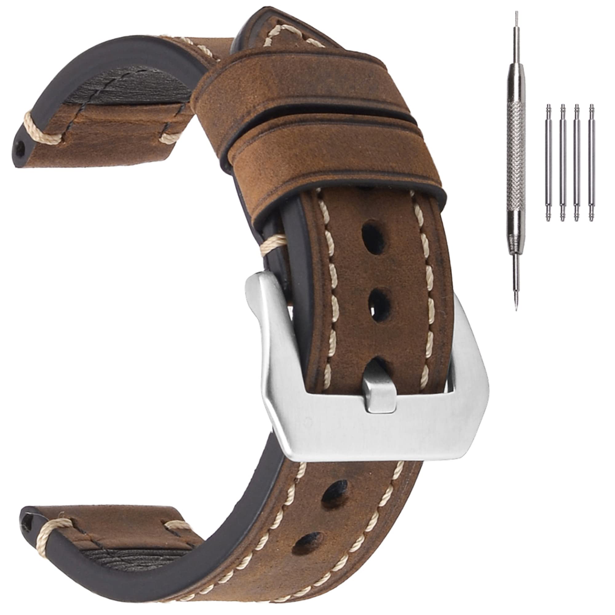 EACHE Mens Watch Band, 20mm Crazy Horse Genuine Leather Handmade Watchband,Watch Straps in Dark Brown-Silver Hardware