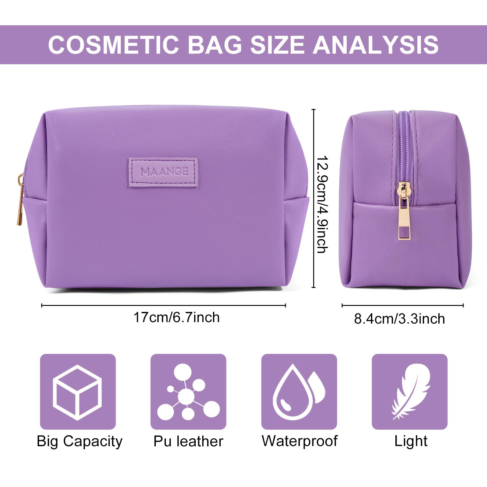 MAANGE Small Makeup Bag For Purse, Travel Cosmetic Bag Makeup Pouch PU Leather Portable Versatile Zipper Pouch For Women