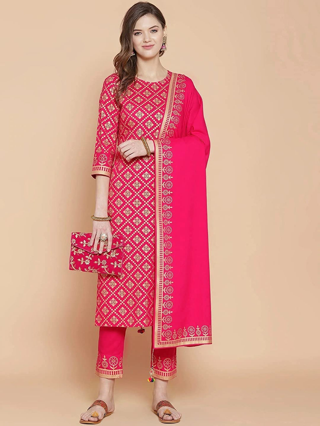 Anni Designer Women'S Cotton Kurta With Palazzo & Dupatta (Navlik-Pink-001_Brown_Small)