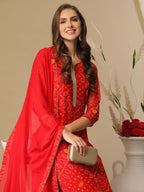 ANNI DESIGNER Ladies Cotton Blend Kurta with Trousers and Dupatta, red, XXL