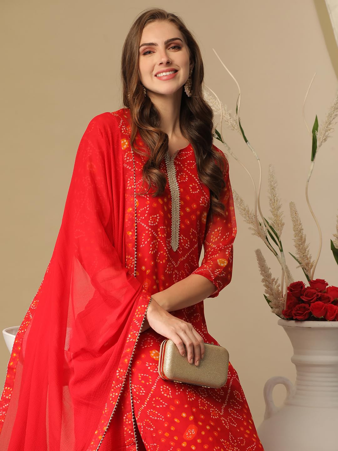 ANNI DESIGNER Ladies Cotton Blend Kurta with Trousers and Dupatta, red, XXL