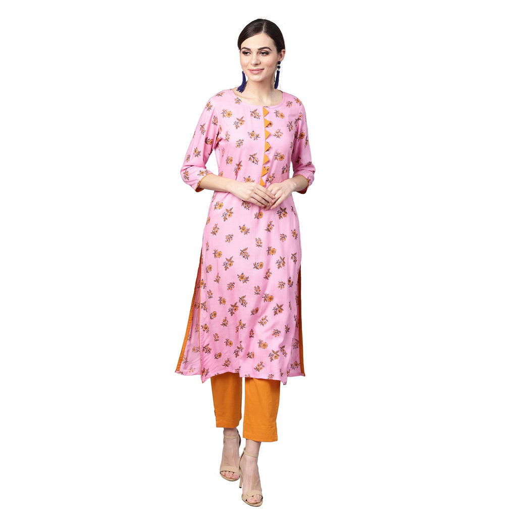 Idalia Women'S Pink Rayon Kurta With Mustard Cotton Pants (Pink, Xl)