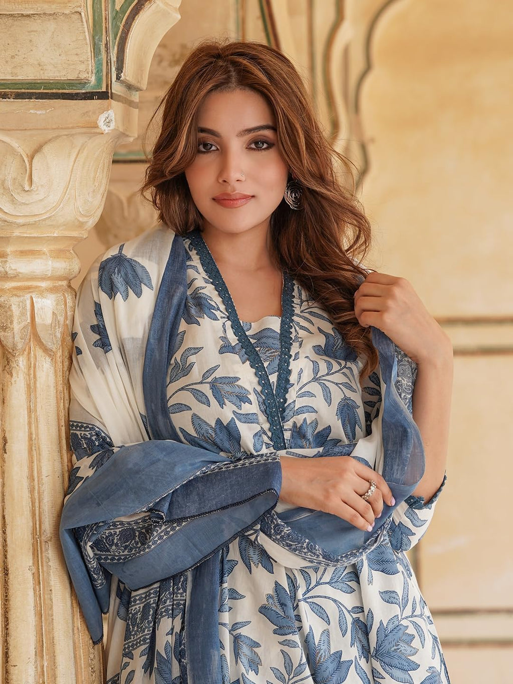 LookMark Womens Printed Cotton Blend A-line Kurta Pant Dupatta Set with Lace - Elegant Ethnic Wear for Women - Perfect for Casu