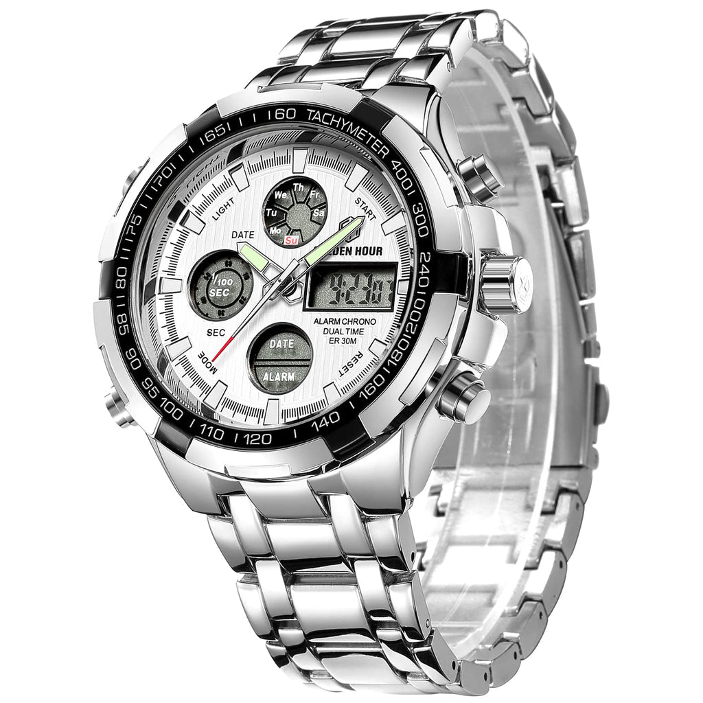 GOLDEN HOUR Luxury Stainless Steel Analog Digital Watches for Men Male Outdoor Sport Waterproof Big Heavy Wristwatch (Silver Whi