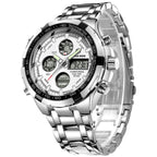 GOLDEN HOUR Luxury Stainless Steel Analog Digital Watches for Men Male Outdoor Sport Waterproof Big Heavy Wristwatch (Silver Whi