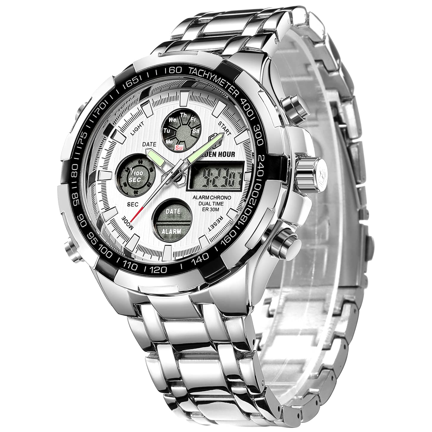 GOLDEN HOUR Luxury Stainless Steel Analog Digital Watches for Men Male Outdoor Sport Waterproof Big Heavy Wristwatch (Silver Whi