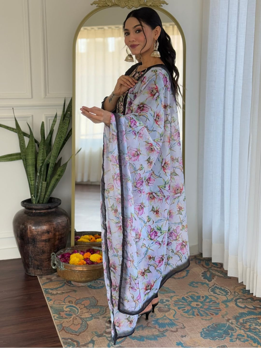 Naixa WomenS Black Rayon Embroidered Straight Kurta With Rayon Pant And Taby Printed Dupatta Sets