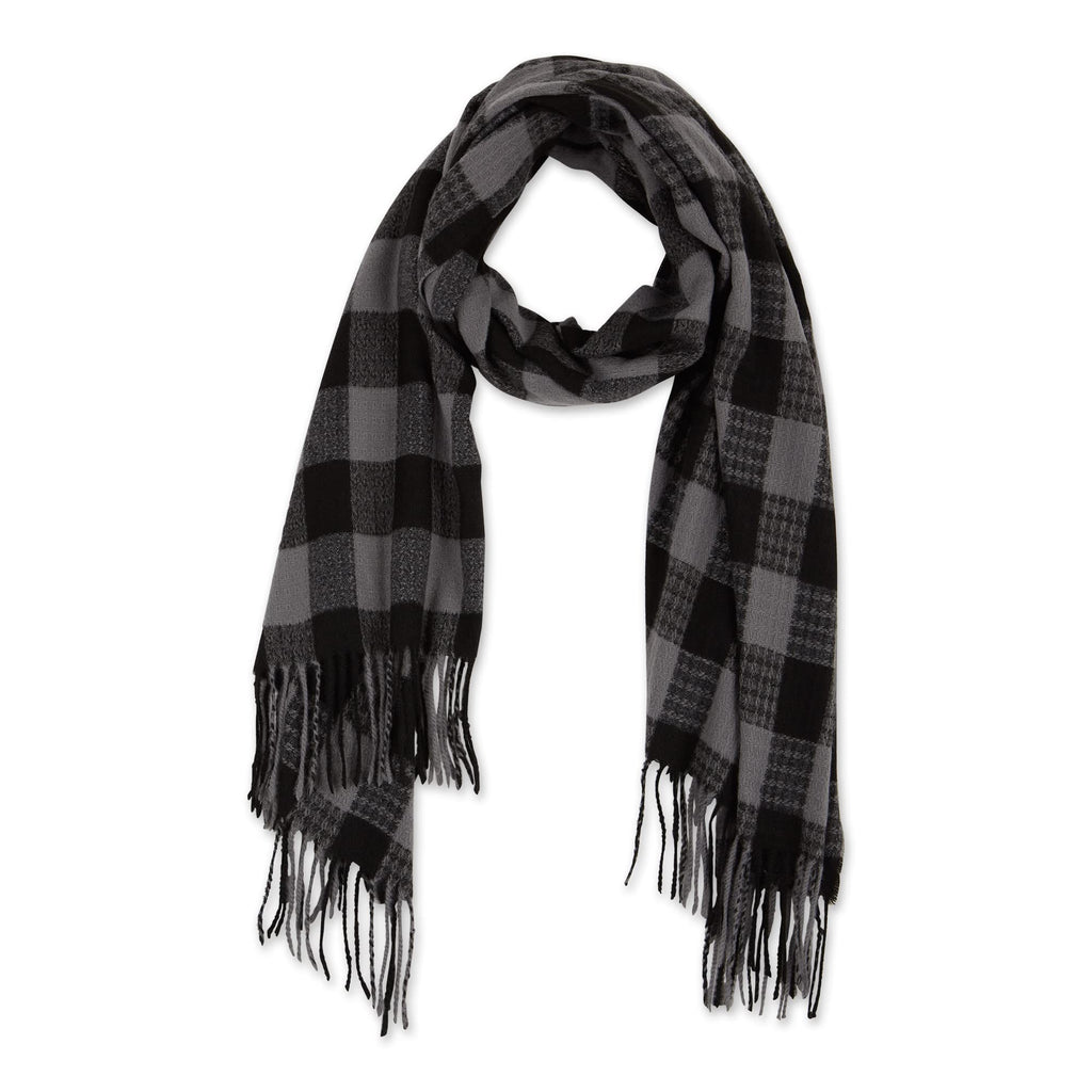 DENVER PLAID FRINGE SCARF - BLACK & GRAY