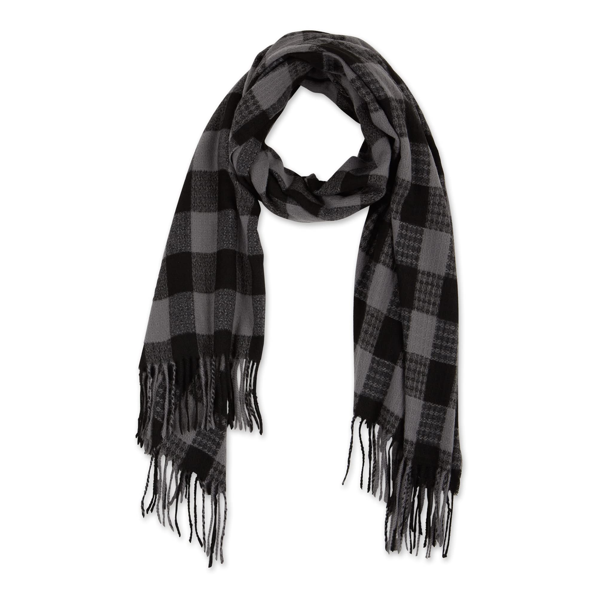 DENVER PLAID FRINGE SCARF - BLACK & GRAY