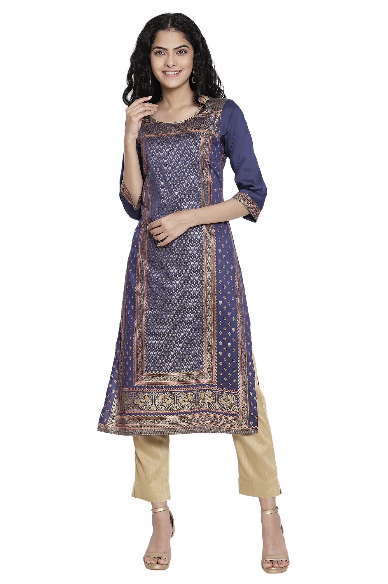Aurelia WomenS Viscose Navy Geometric Round Neck Straight Kurta_21Aua11331-502655_L