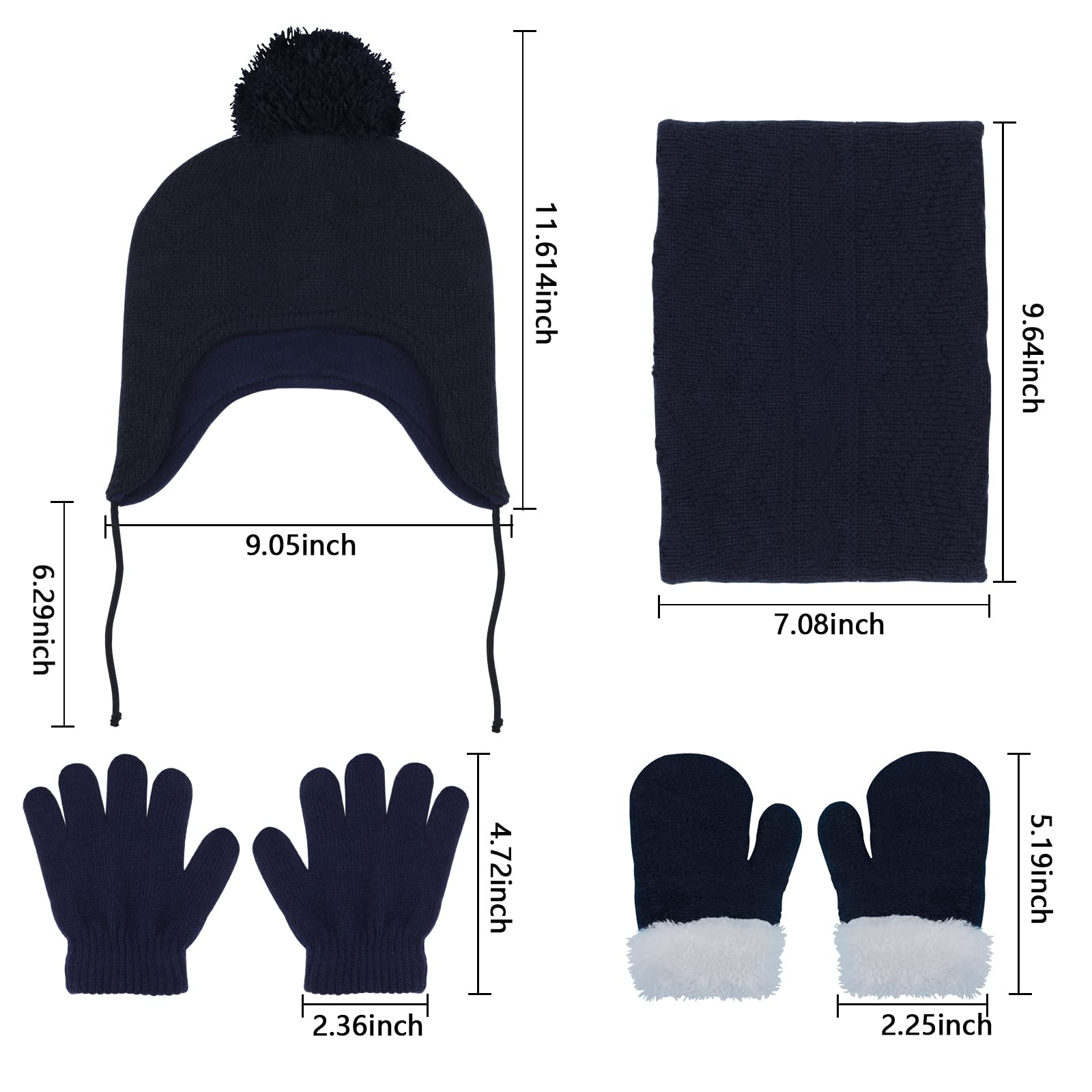 Hicdaw 6PCS Toddler Winter Hats and Baby Mittens Gloves Neck Warmer Set Baby Winter Hat Scarf Gift for Kid Boys Girls(Navy)