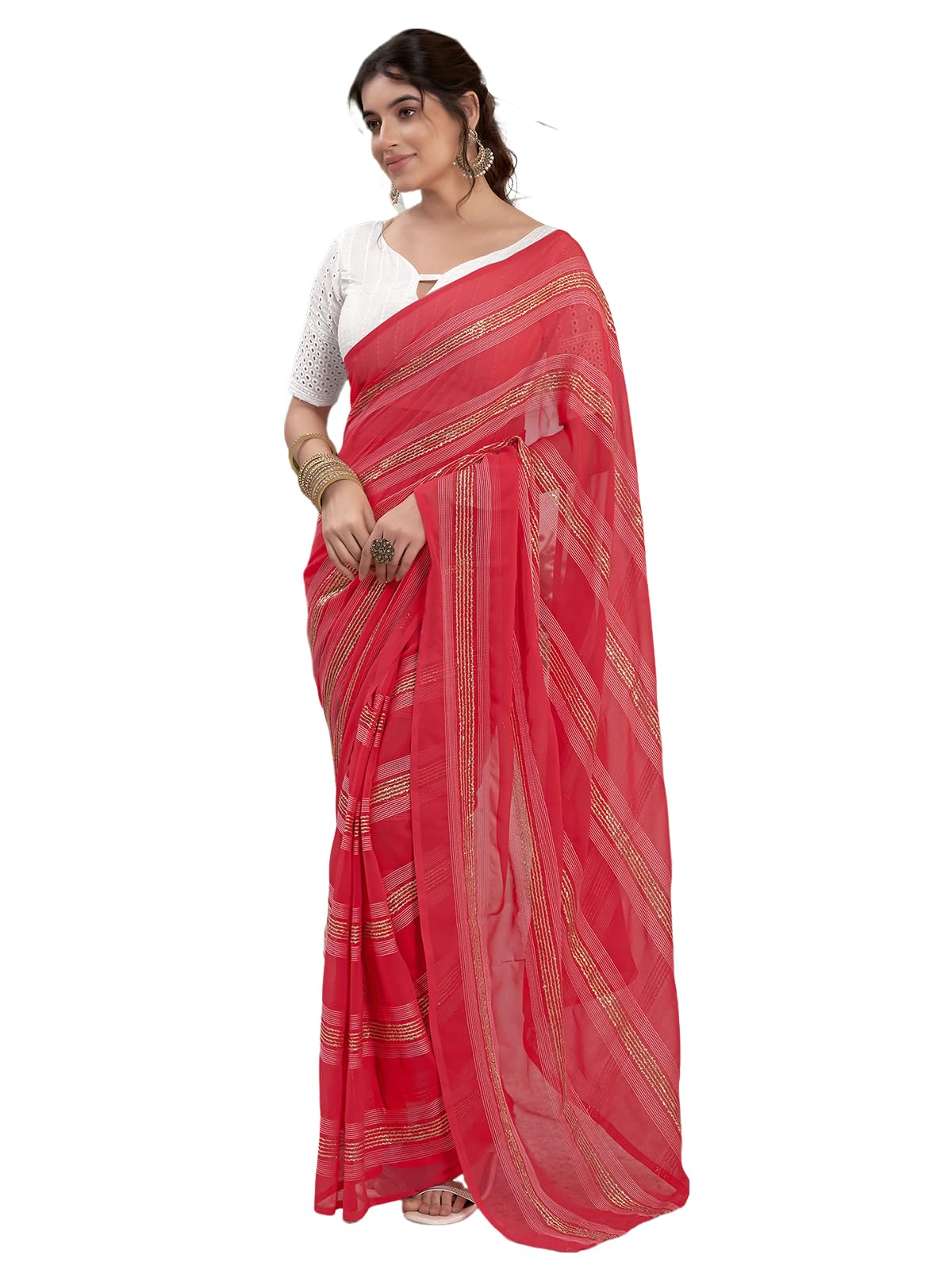 Satrani Womens Georgette Zari Work Ready To Wear Saree with Unstitched Blouse Piece (14RS133N_Punch Pink)