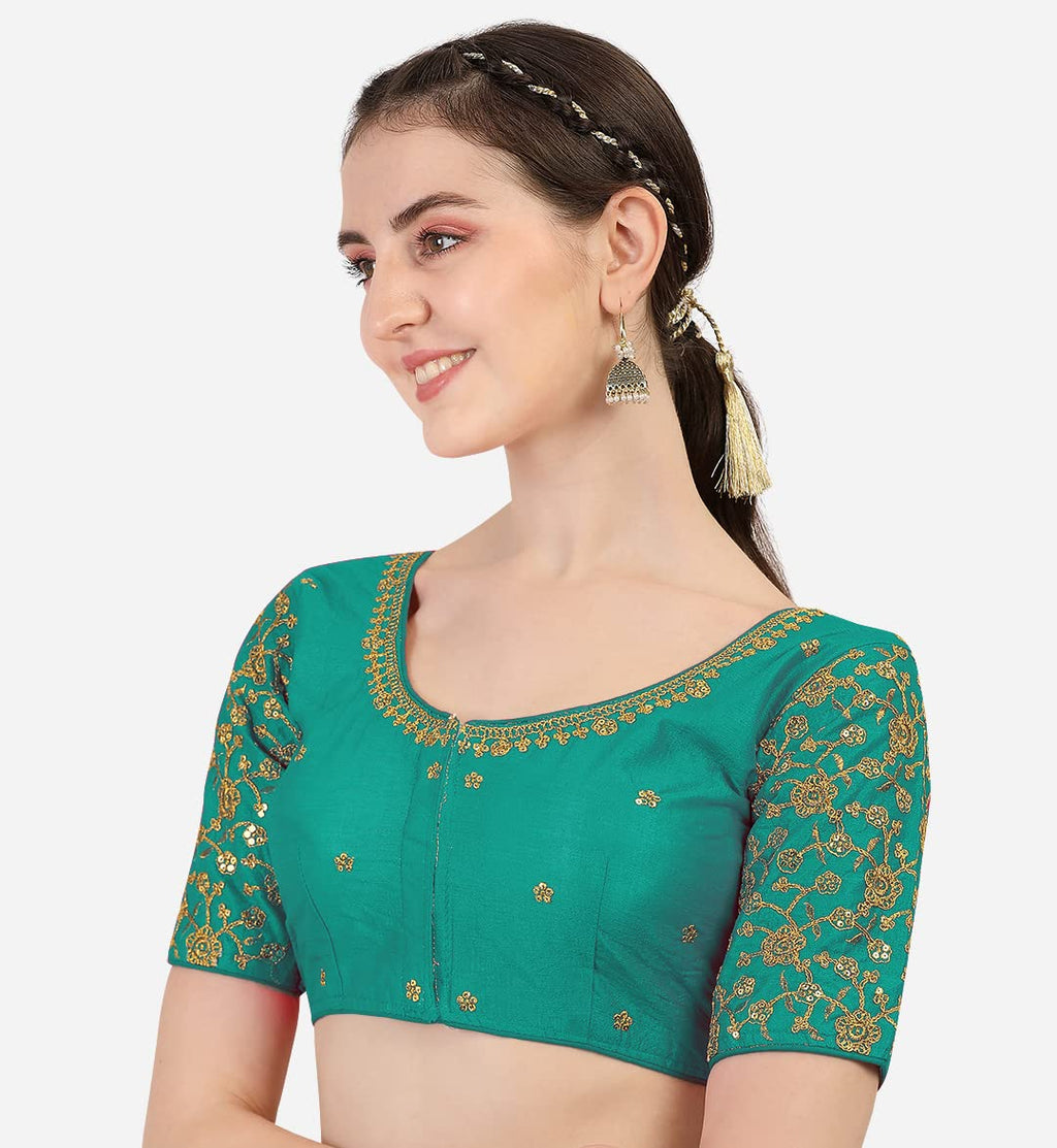 Pujia Mills WomenS Multicolor Flower Embroidery Sleeves Design Phantom Silk Readymade Blouse For Saree And Lehenga Choli (Rama,
