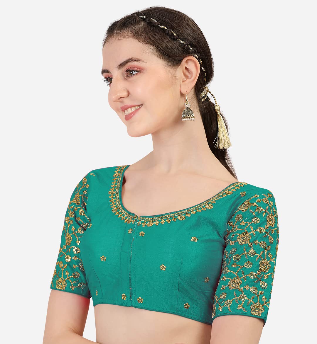 Pujia Mills WomenS Multicolor Flower Embroidery Sleeves Design Phantom Silk Readymade Blouse For Saree And Lehenga Choli (Rama,