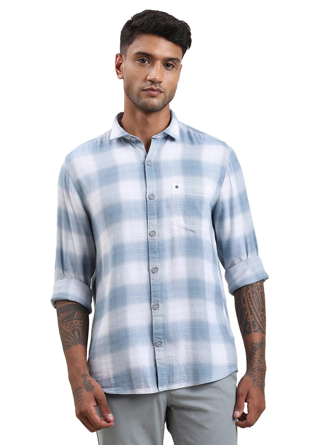 Turtle Men Cotton Viscose Slim Fit Checkered Light Blue Denim Shirt